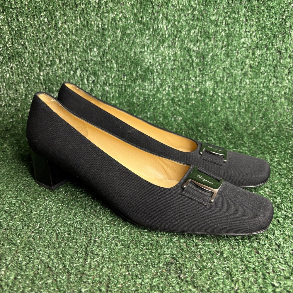 Salvatore Ferragamo Buckle Block Heel Square Toe Pump Black Womens Size 7.5 B